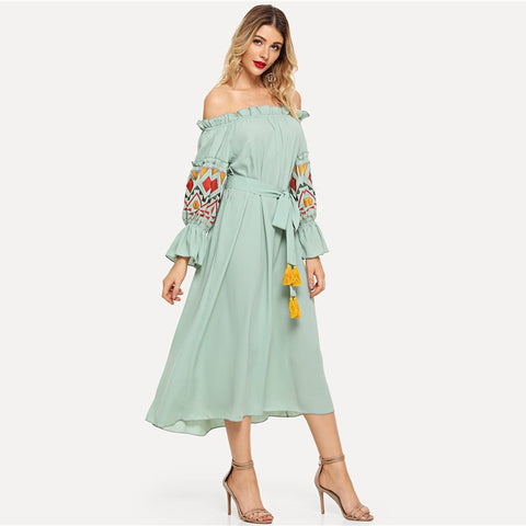 Embroidered Bardot Dress