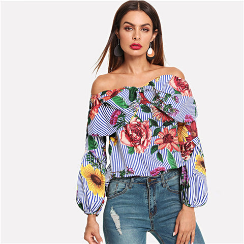 Off the Shoulder Floral and Striped Top